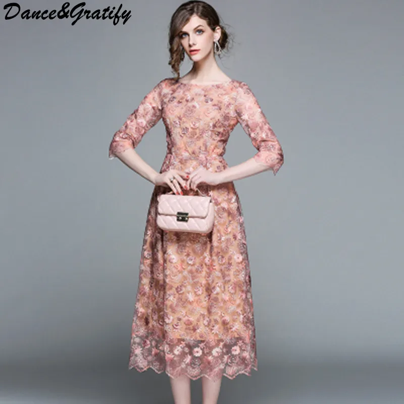 

Luxury Embroidery Floral Mesh Evening Party Dress New 2018 Summer Casual Women Half Sleeve Long Slim Festival Dress