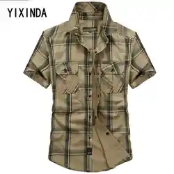 Yixinda Марка Лето 2018 мужской короткие футболки с рукавами большие размеры повседневные рубашки 100% хлопок Военный стиль
