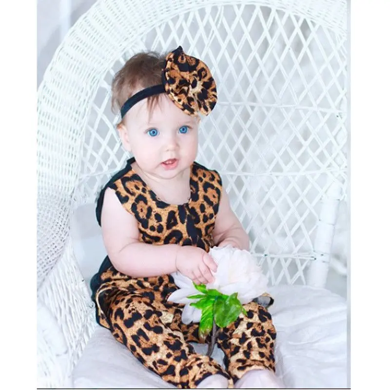 Newborn Infant Baby Girl Leopard Print Romper Jumpsuit Headband Outfit