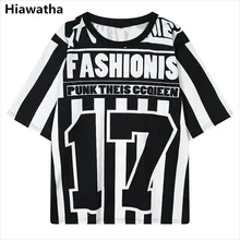 Hiawatha женские топы в стиле панк, летние футболки в полоску с буквенным принтом, свободная футболка с круглым вырезом, женские футболки T2353