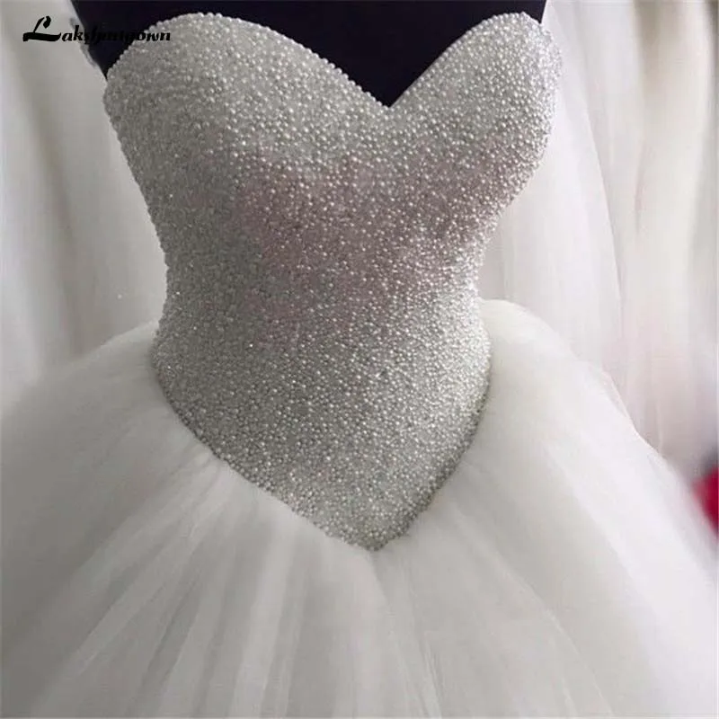 

Sweetheart Ball Gown Strapless Fluffy Pearls Beads Formal Wedding Dresses Robe de Mariee Wedding Gowns 2019
