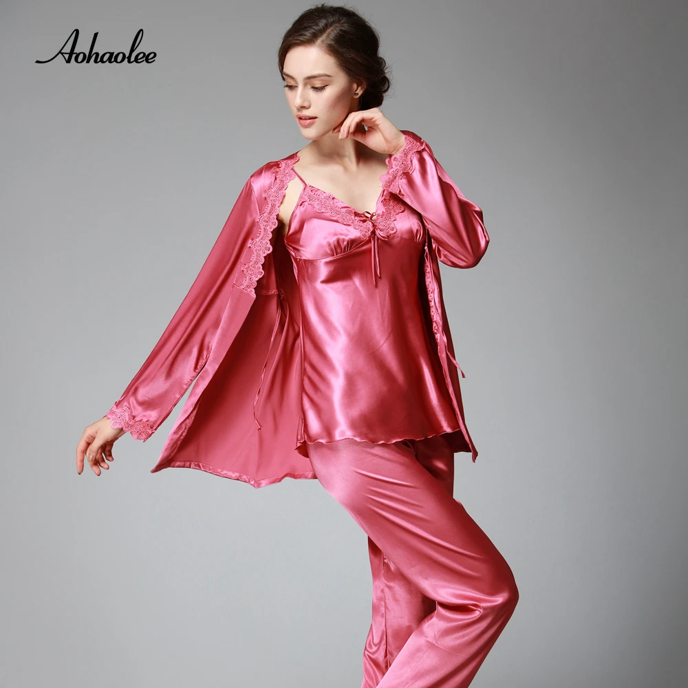 AOHAOLEE 3 Pcs Pajama Sets Lace Sexy Women Robe Set Rayon Women Pajamas V Neck Nightgowns Plus