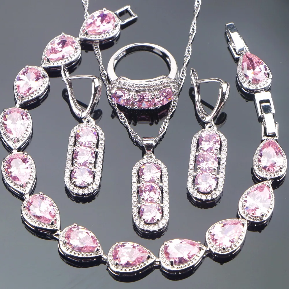 Buy Pink Zircon Bridal Jewelry Sets 925 Sterling Silver Ring Bracelet Necklace