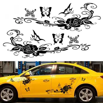 

150CM Durable PVC Black Butterfly Love Flowers Rose Totem Personality Car Racing Waist Line Mudguard Body Side Body Sticker