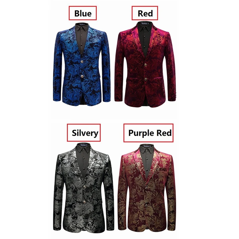 Luxury Velvet Pattern Blazer Men Paisley Floral Jackets Wine Red/Gold/Blue Men's Stage Jacket Elegant Wedding Men's Blazer M-6XL