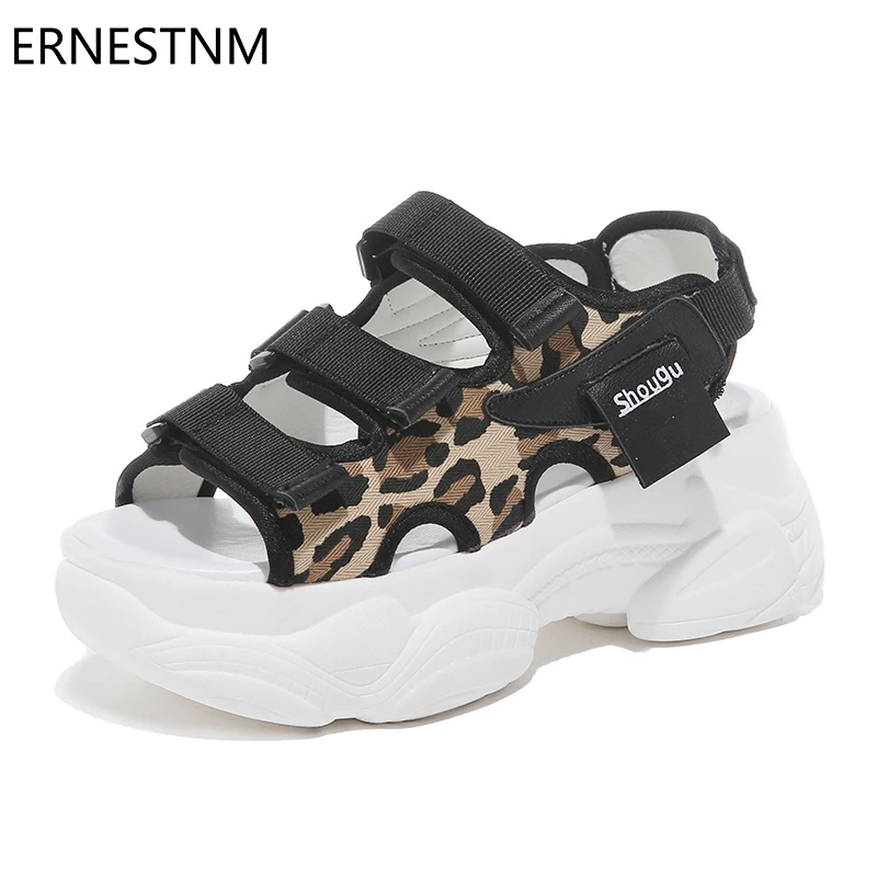 

ERNESTNM Women Sandals 2019 Summer Chunky Sandals Wedges Stripper Shoes Leopard Open Toe Strap High Heels Sandalias Mujer