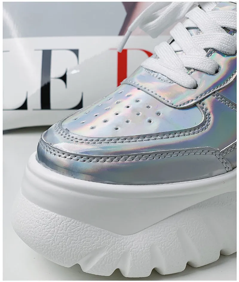 2019 Spring Women Pumps Beige Genuine Leather Girls High Heels Platform Sneaker Silver Laser Increased Casual Wedges Shoes Woman (4)