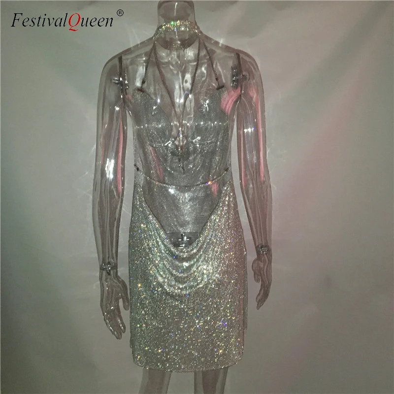 FestivalQueen, сексуальное женское платье с глубоким v-образным вырезом, стразы,, роскошное, для танцев, вечеринки, с лямкой через шею, с открытой спиной, с разрезом, мини-платье