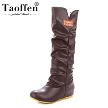Taoffen размер 34-46 обувь на высоком каблуке; модная женская обувь; большие размеры Сапоги до колена плоская подошва мотоцикл Для женщин ботинки осенние ботинки на шнуровке осень-зима обувь
