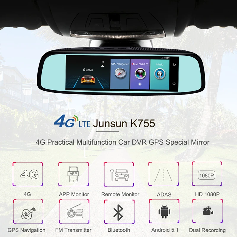 Junsun 4 г Видеорегистраторы для автомобилей Камера GPS навигации ADAS 7.86 &quotAndroid 5.1