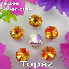 Factory direct sale 6mm 8mm 10mm 12mm 14mm 16mm 18mm Sew on topaz Rivoli round shape Glass rhinestone bead Silver claw