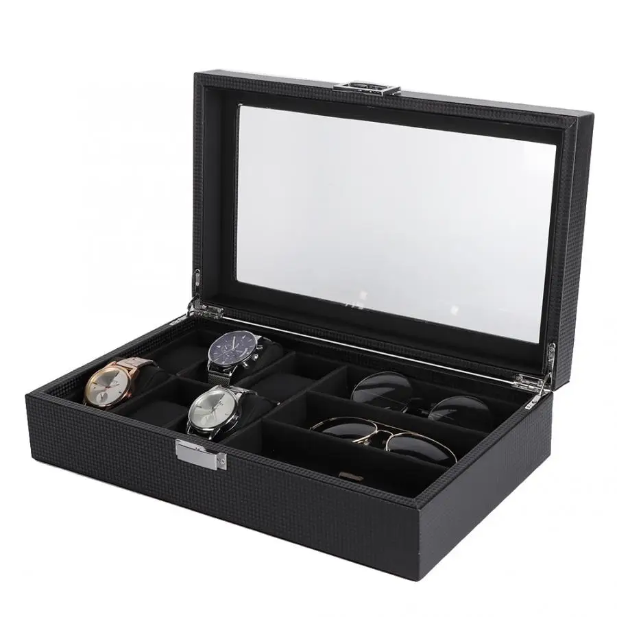 Роскошный дисплей часов черного цвета из PU искусственной кожи, высокое качество 6 слот очки 3 Слот часы коробка для хранения, упаковка Органайзер Чехол Контейнер держатель для часов