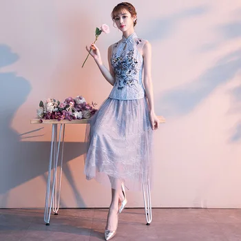 

SLEEVELESS Gray Chinese Style Female Qipao Plus Size 3XL Vestidso Mandarin Collar Elegant Women Cheongsam Evening Party Dress