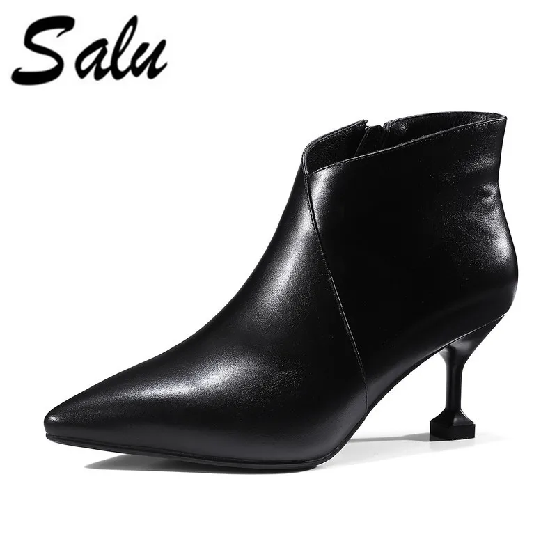 

Salu new fashion genuine leather ankle boots pointed toe thin heel boots leather women boots ladies shoes