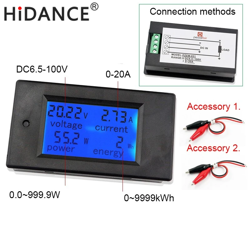 

100V 20A Digital DC Voltmeter Voltage Meters Ammeter Current Power Energy Watt Wh Volt Amps Battery Monitor Blue Backlight Panel
