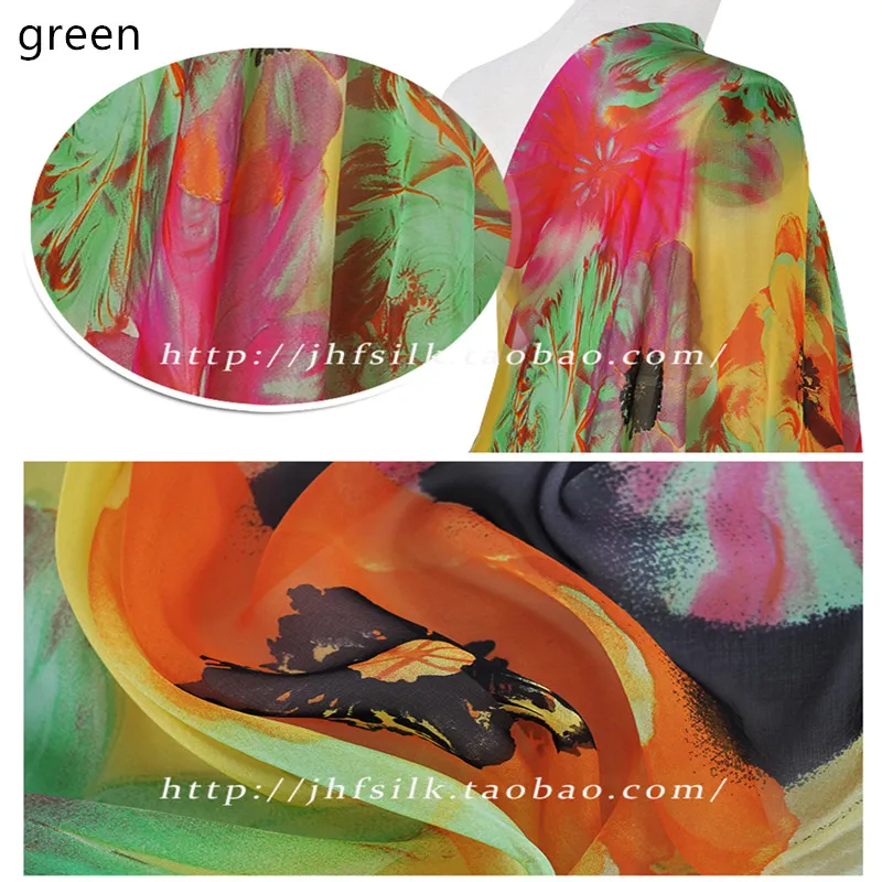 SASKIA 1 метр Thin100% чистый натуральный шелк, шифон тутового дерева цветочная ткань с принтом материал пришить ткань платье шарф 6 момме синий зеленый