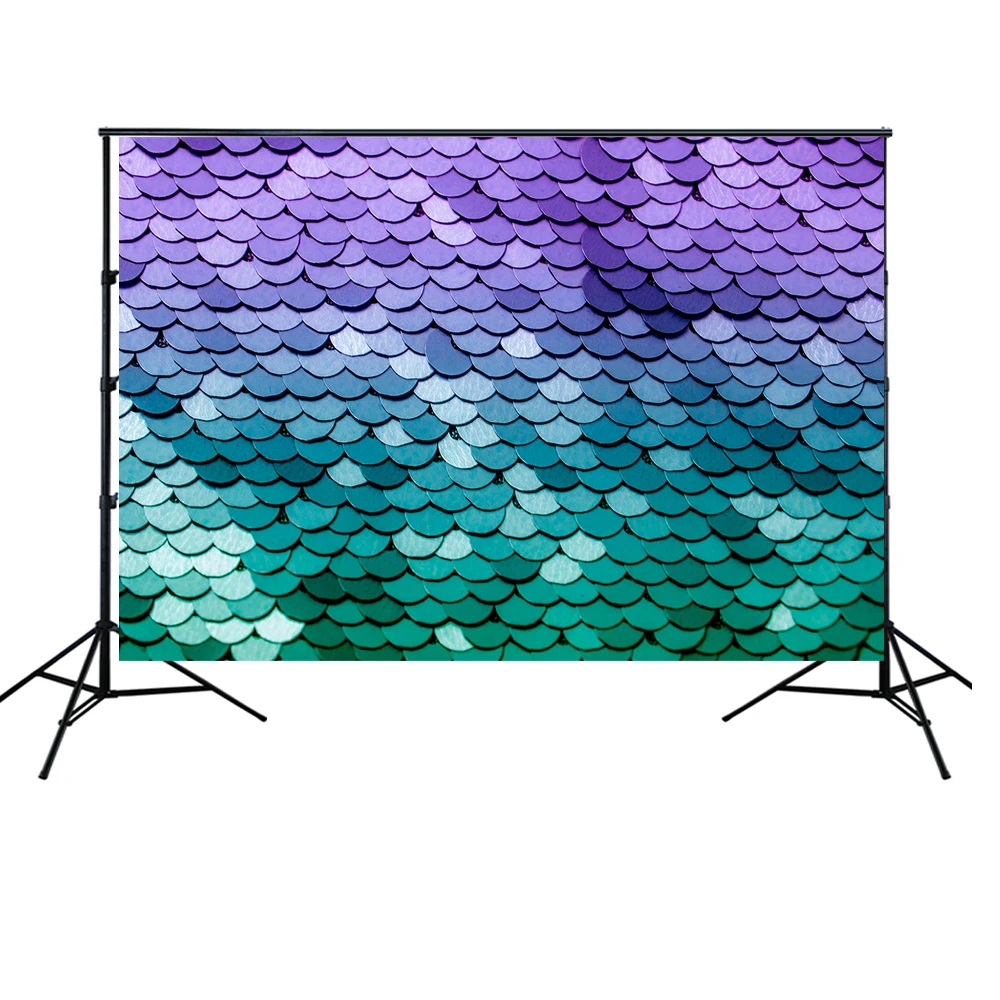 

HUAYI Little Mermaid Backdrop Purple Blue Fish Scales Glitter Girl Birthday Party Baby Shower Decoration Photo Background xt7754