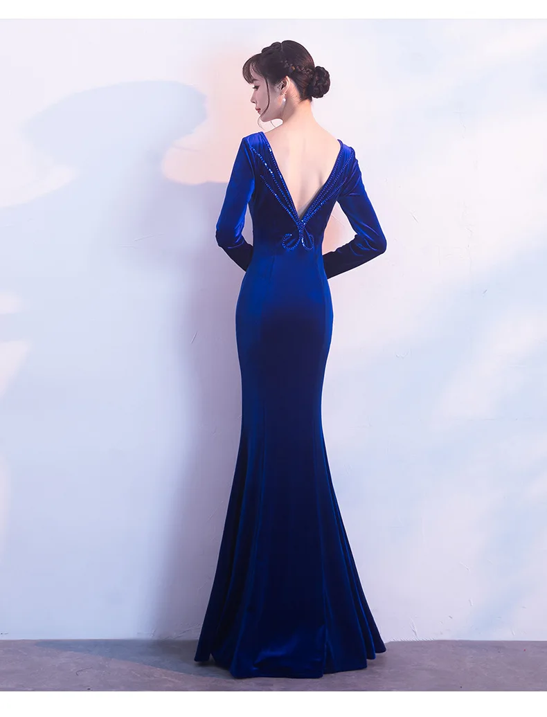 2019 Party Dress Women Elegant Long Sleeve Sequin Beads Backless Robe Vintage Black Velvet Bodycon Dress Evening Maxi Vestido (17)