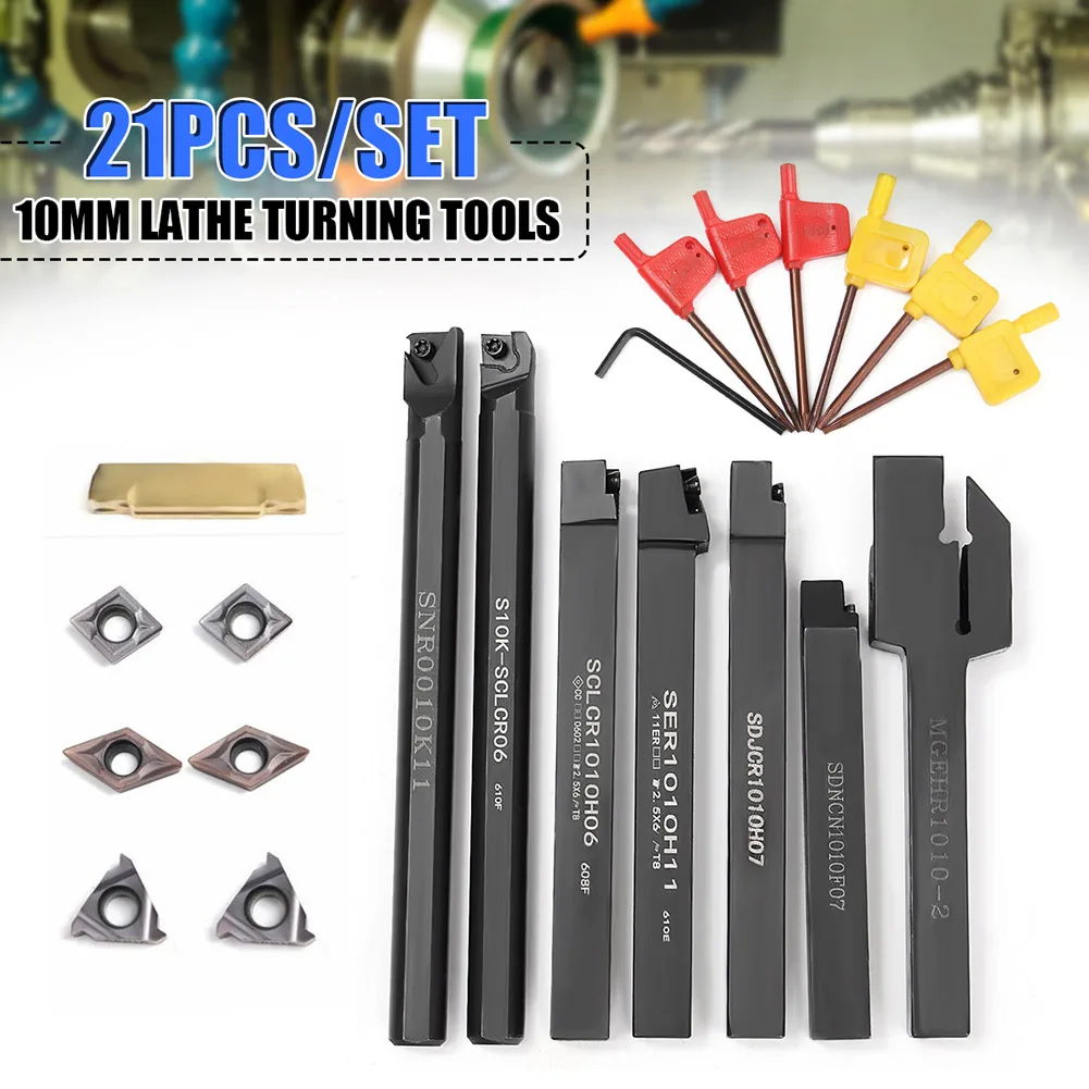 

1 Set 10mm Shank Lathe Turning Tool Holder Durable with Carbide Inserts Wrenches JDH99