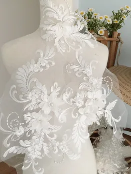 

2 sets 3D pearl and rhinestone beaded lace applique set in off white, wedding gown bridal dress dance costumes bodice applique