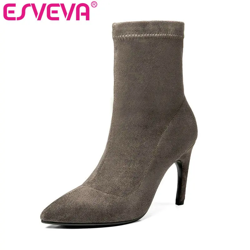 

ESVEVA 2020 Thin High Heel Women Shoes Winter Ankle Boots Zipper Flock Motorcycle Pointed Toe Winter Short Boots Size 34-39