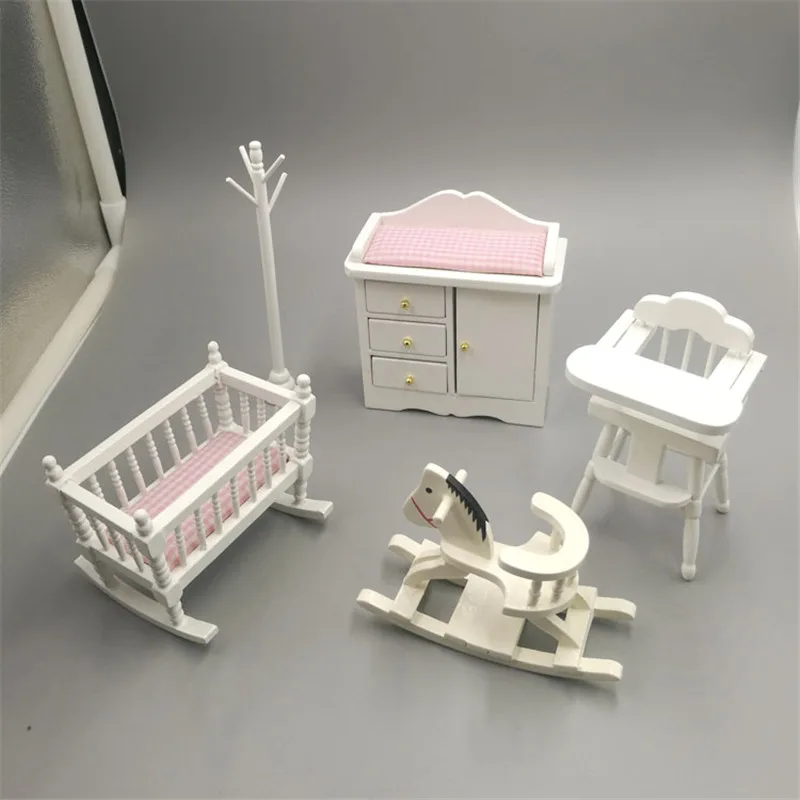 1 12 Dollhouse Miniature Baby Room Crib White Wooden Chair Kids