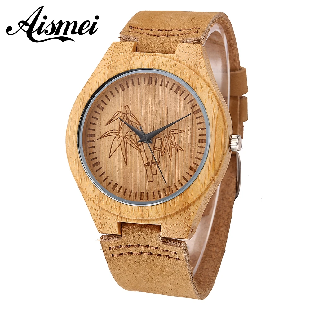 

2018 Fashion Bamboo design wood watch with Genuine Leather for Men Women Luxury wooden wristwatch Festival gifts