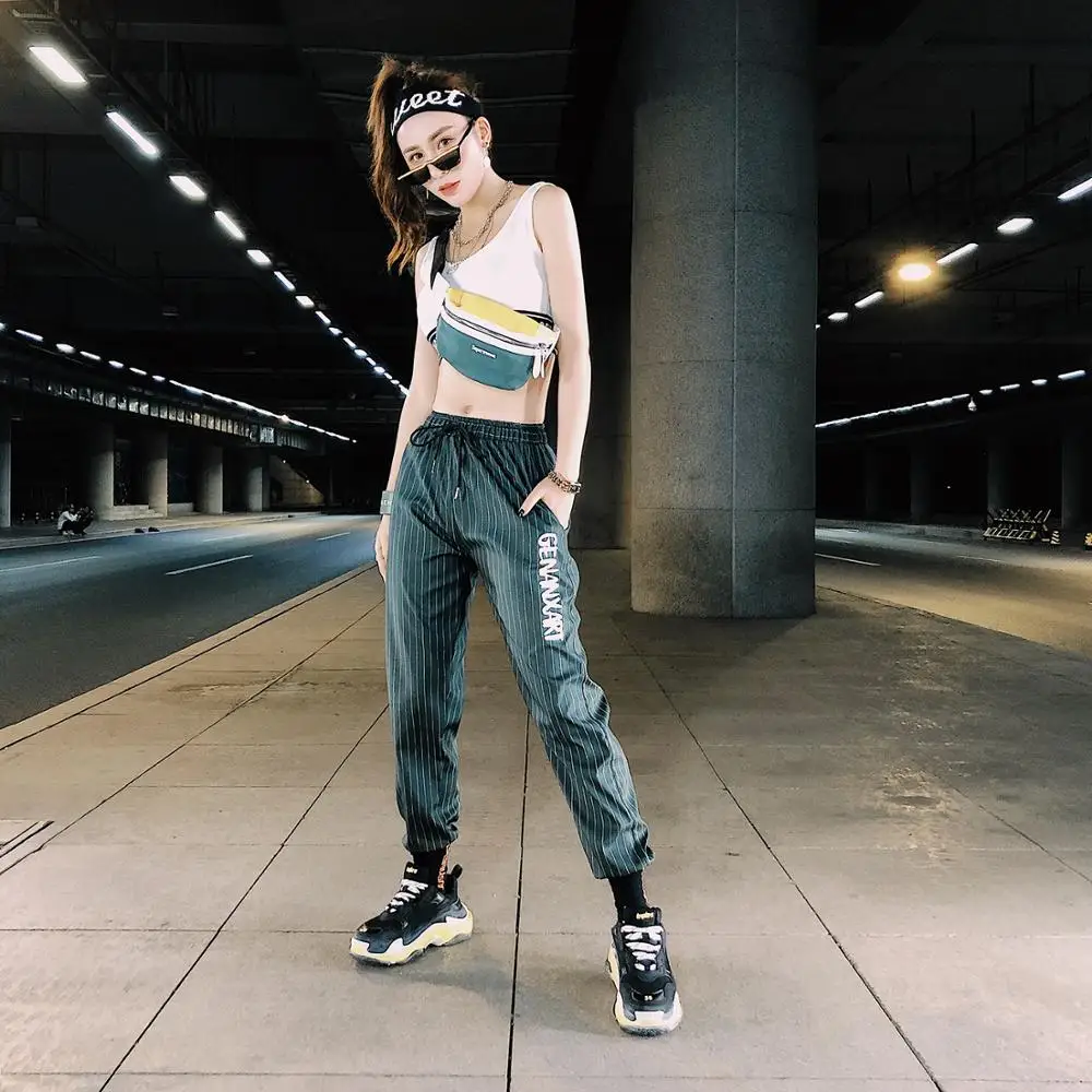 

Dandeqi Women's Streetwear Fashion Striped Harem Pants Harajuku Loose Printed Letters Hip Hop Pants Summer Thin Cargo Pants
