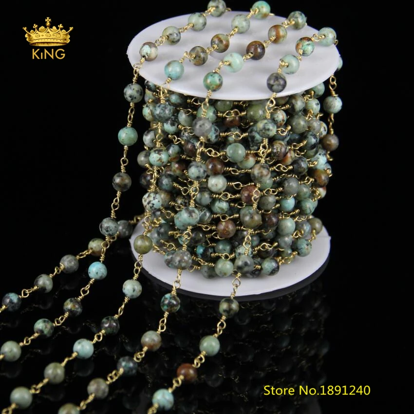 

5Meters,Green Africa Turquoises Rosary Chains,Smooth Round Howlite Beads Wire Wrapped Brass Copper Links Jewelry Chain ZJ-66