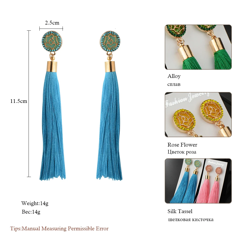 Meyfflin Rose Flower Silk Fabric Tassel Earrings for Women Bohemian Fringed Statement Drop Earring Jewelry Crystal Long brincos