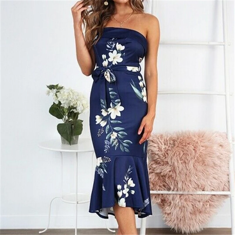 Women Maxi Dress Summer Boho Beach Strapless Floral Dresses Womens Dresses Lace Up Sundress Summer Women Evening Party Dress