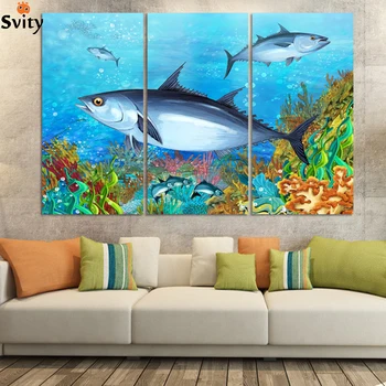 

3panel /set New ocean fish Paintings for children's bed room oil painting picture Home Decor undersea world no frame D049