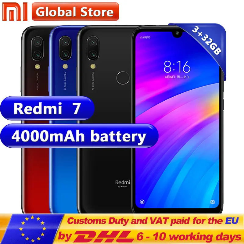 

Global ROM Xiaomi Redmi 7 3GB 32GB 4000mAh Smartphone Octa Core Snapdragon 632 12MP Camera 6.26 inch 19:9 Full screen