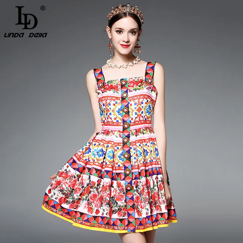 Buy Cheap High Quality Runway Designer Summer Dress Women's elegant Spaghetti Strap Colorful Button Red Rose Flower Floral Print Dress