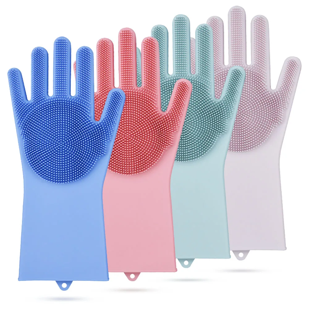 1 Pair Silicone Magic Scrubber Rubber Gloves Dish Cleaning Sponge