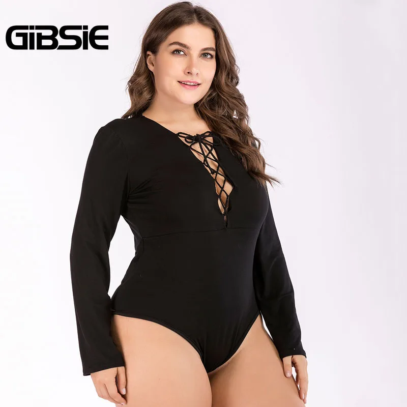 GIBSIE Plus Size Women Clothing Black Sexy Lace up Bodysuit Women Romper 4XL Autumn V-Neck Long Sleeve Solid Bodysuit GIBSIE Plus Size Women Clothing Black Sexy Lace up Bodysuit Women Romper 4XL Autumn V-Neck Long Sleeve Solid Bodysuit