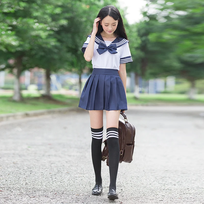 Sailor suit school uniform sets JK school uniforms for girls white shirt and dark blue skirt suits student Cosplay japanese school uniform