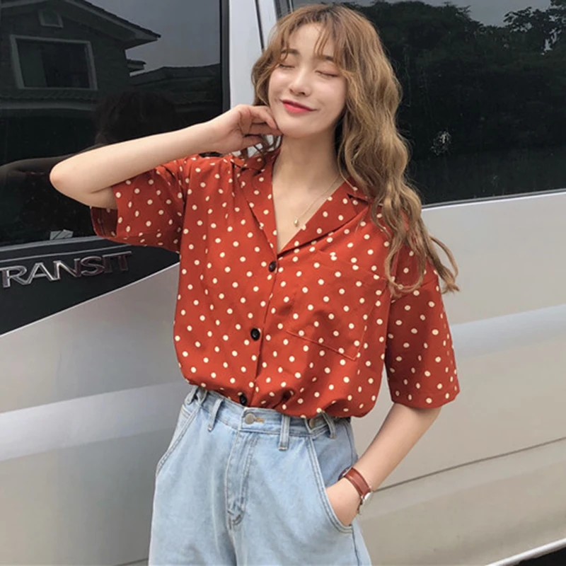 

2019 Tops Vintage Summer Korean Runway Fashion Polka Dot Casual Notched Summer Tops for Women 2019 Women Cardigan Summer