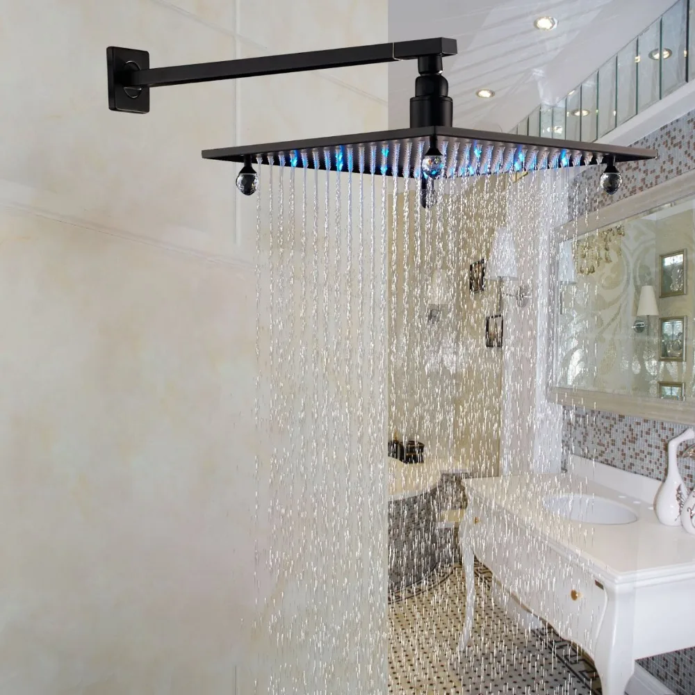 

LED Light 12 Inch Square Rainfall Shower Head with Wall Mount Shower Arm Oil Rubbed Bronze