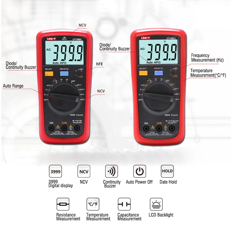 UNI T UT136B UT136C Цифровой мультиметр 3999 Кол-во переменного/постоянного тока 1000 в 10 А Вольт Ампер Измеритель температуры NCV тестер большой ЖК-дисплей двойной дисплей