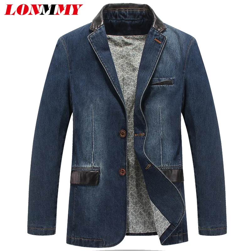 

LONMMY M-4XL Cowboy blazer jeans jacket men jaqueta Cotton PU leather stitching Outerwear Denim jacket men blazer Suits for men