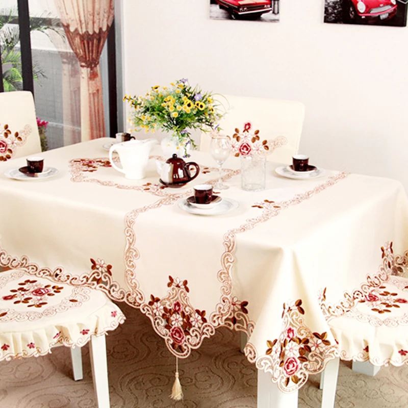  Europe Style Embroidered Wedding Tablecloth Vintage Floral Lace Edge Dustproof Covers Dining Table 