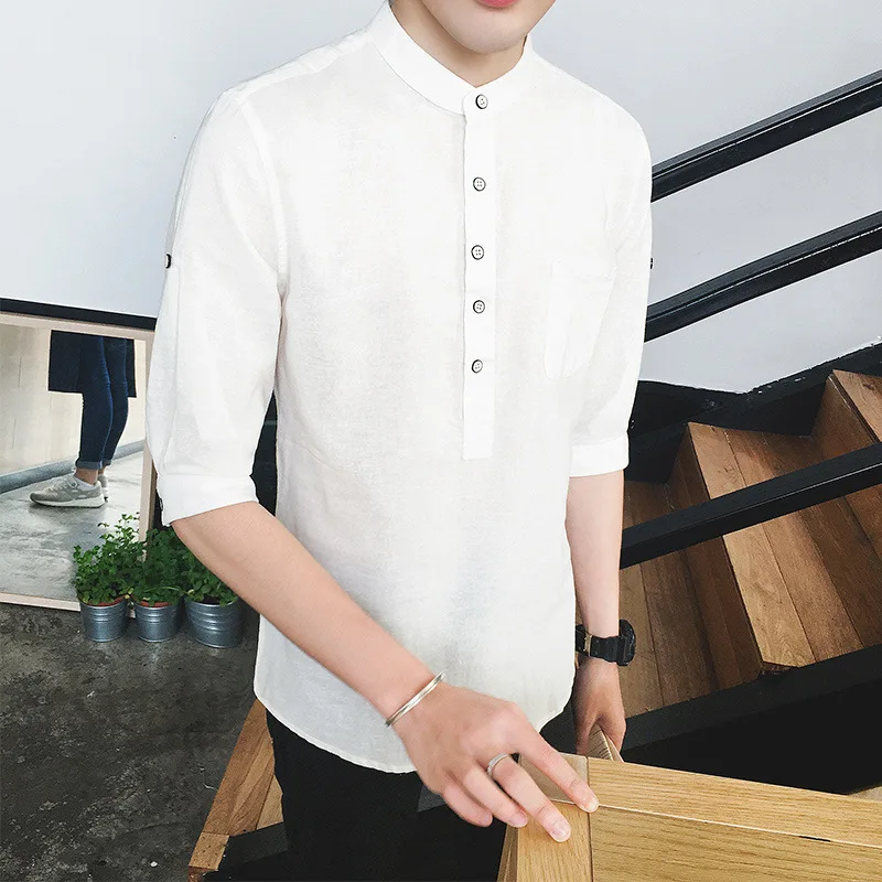 

JZ CHIEF Chinese Style Linen Shirts Men Mandarian Collar Casual Half Sleeve Shirts Summer Fashion Men Shirt Slim Fit Solid Color