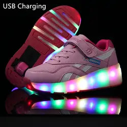 Новый розовый черный Зарядка через usb Мода для мальчиков и девочек жидкокристаллический световой ролик скейт обувь для детей кроссовки с