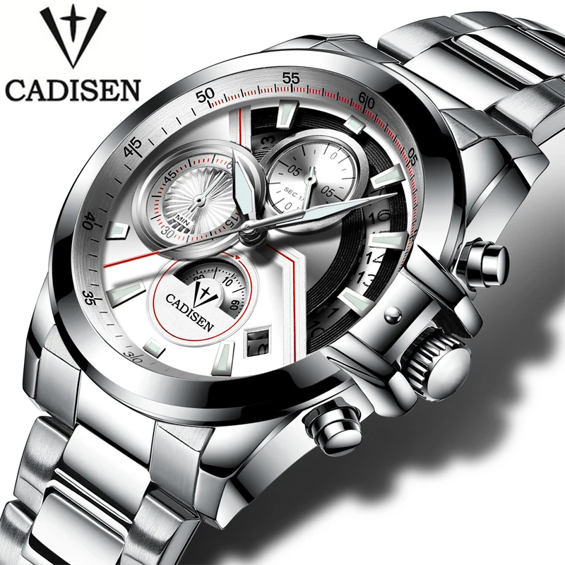 

CADISEN Casual Fashion Sports Chronograph men's Watches Clock Luxury stainless steel band heren horloge Waterproof men watches