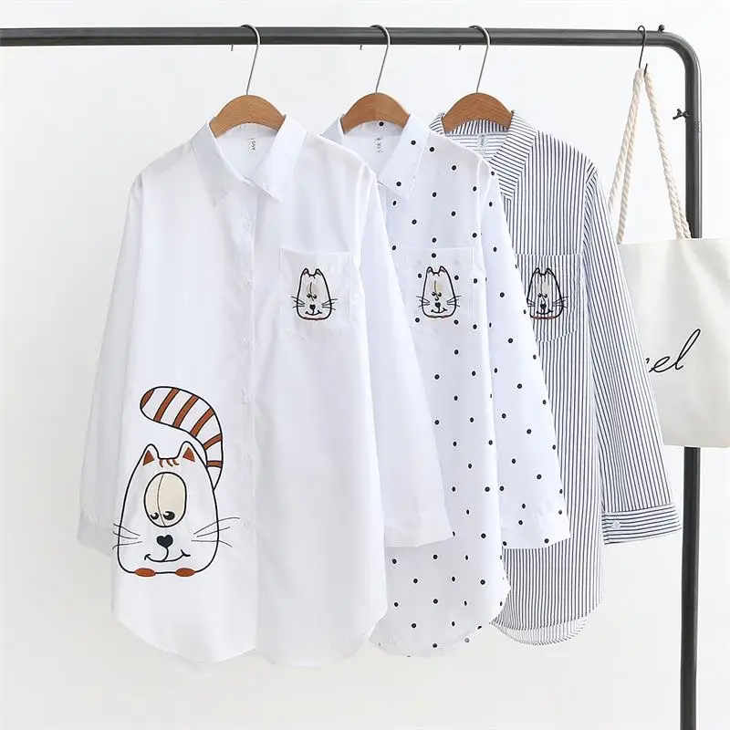

Plus size striped & polka dot Embroidered blouse women 2018 Long sleeves turn-down collar shirt spring autumn ladies tops