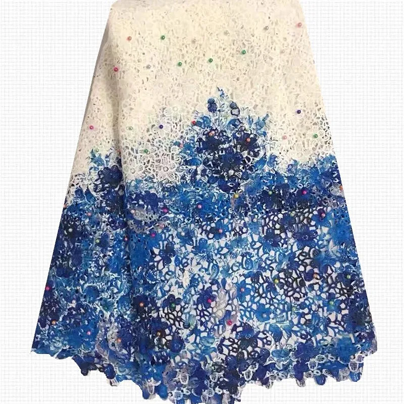 

Miyoke White+Blue Embroidery African Cord Laces Swiss Guipure Lace Fabric With Beads For Nigerian Wedding Dresses A25-91304