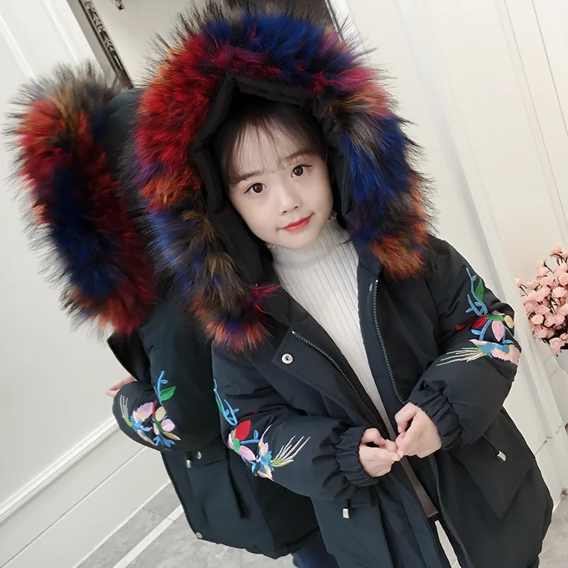 

2018 NEW Winter Jackets For Girls 2018 Fashion Warm Thick Girls Winter Coat High Quality Fur Collar Embroidery Sleeve Parka Coat