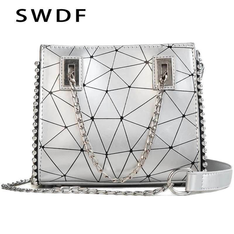 

SWDF New Women's Laser Chains Messenger Bags Woman Patchwork Modern Shoulder Bag Silver Handbags Ladies SAC A Main Flap Bolsas