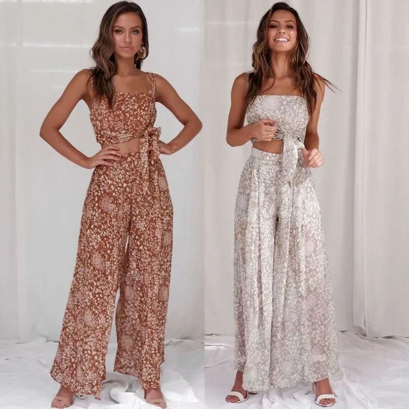 

two piece set top and pants chiffon floral bangage crop top and loose bottom